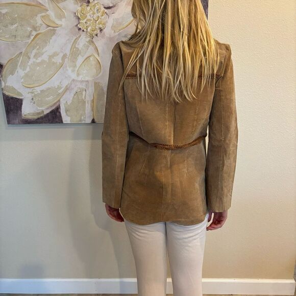 Vintage brown Distressed Suede Leather Crochet coat Jacket Y2K womens‎ medium - Picture 3 of 12